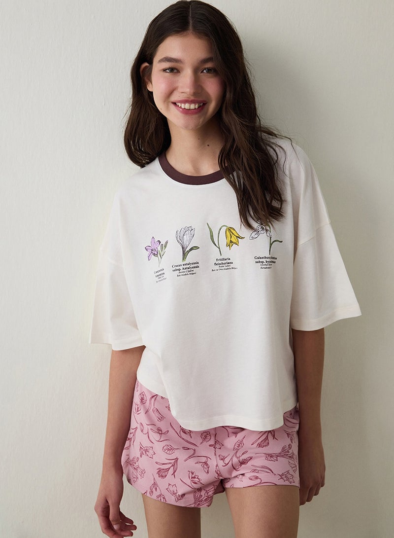 Penti Ecru Steppe Tulip Floral Printed Organic Cotton Crew Neck Short Sleeve Pajama Set With Shorts - Image 2